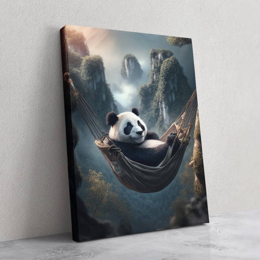 Canvas Schilderij Hangmat Chillende Panda Canvas Schilderij Dieren 100x150 cm Houten lijst Panda Canvas Wanddecoratie Schilderijen woonkamer Schilderijen op canvas doek