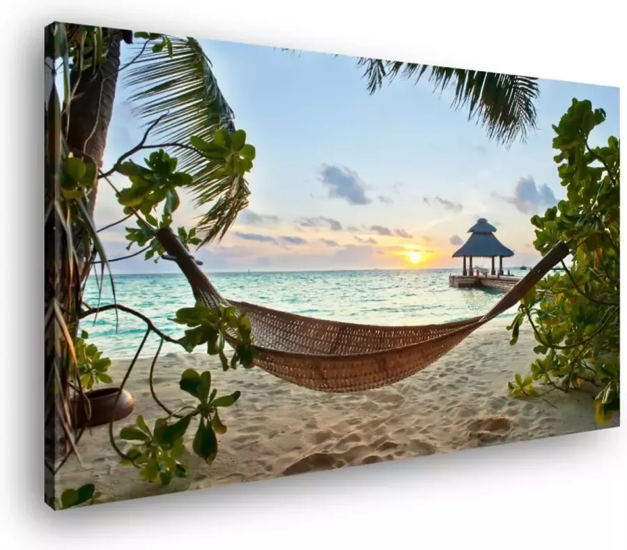 Canvas Schilderij Zonsondergang Hangmat 100 x 70 cm Wanddecoratie
