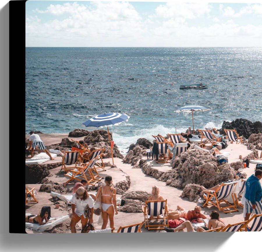 Canvas Strand Zee Stoelen Mensen Water Stenen 30x30 cm Foto op Canvas Schilderij (Wanddecoratie op Canvas)