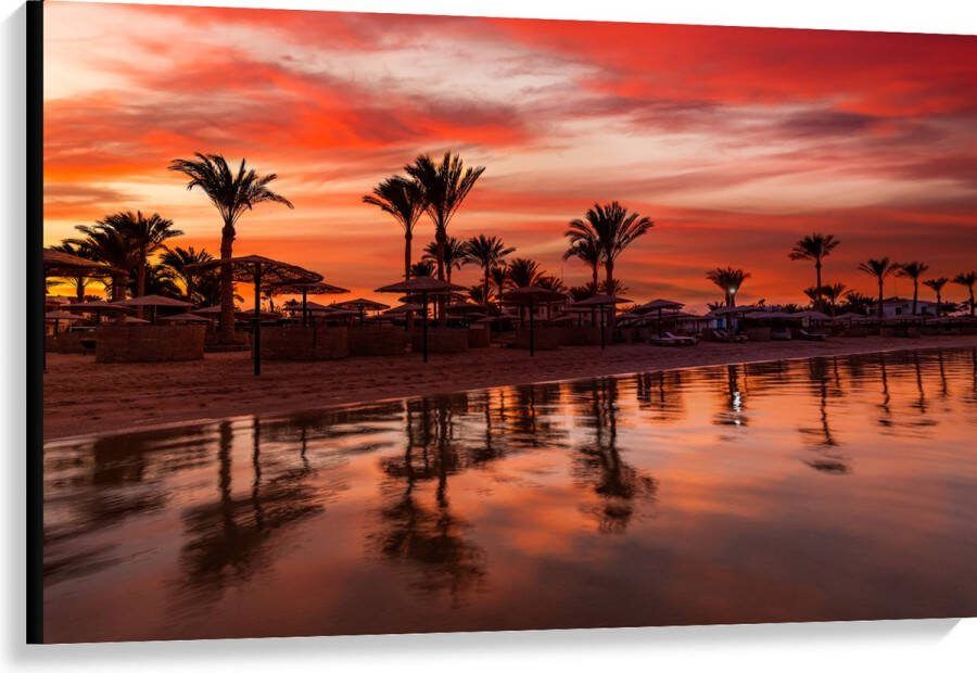 Canvas Strand Zee Zonsondergang Parasols Palmbomen 120x80 cm Foto op Canvas Schilderij (Wanddecoratie op Canvas)
