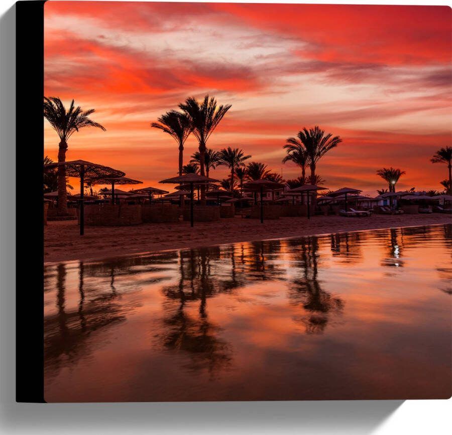 Canvas Strand Zee Zonsondergang Parasols Palmbomen 30x30 cm Foto op Canvas Schilderij (Wanddecoratie op Canvas)