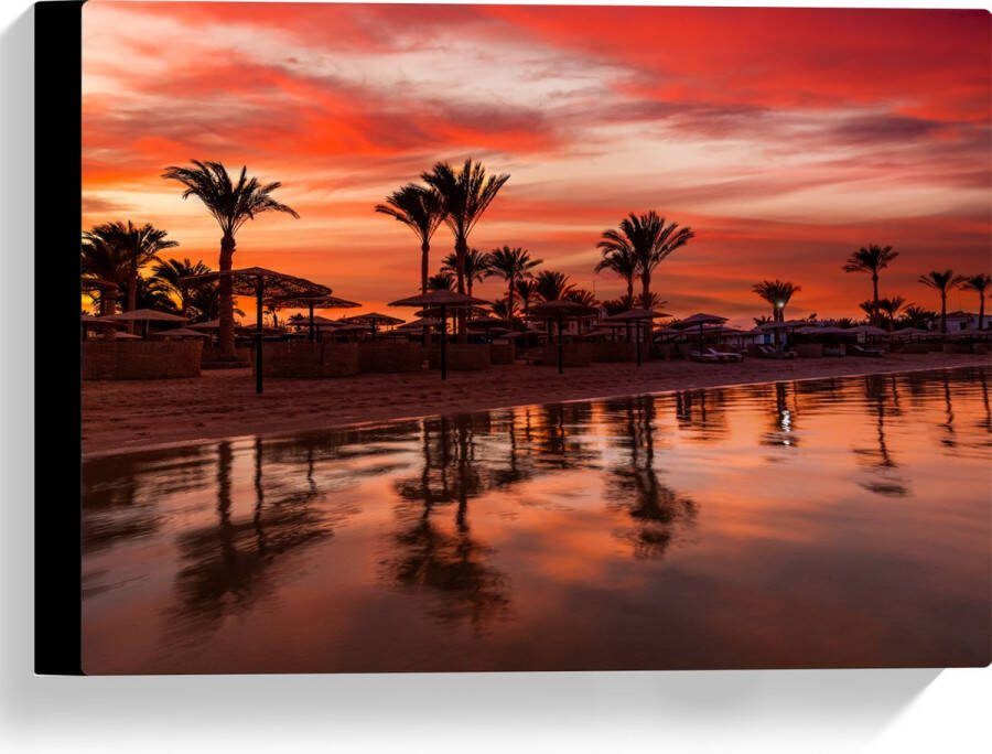 Canvas Strand Zee Zonsondergang Parasols Palmbomen 40x30 cm Foto op Canvas Schilderij (Wanddecoratie op Canvas)