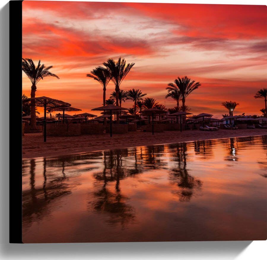 Canvas Strand Zee Zonsondergang Parasols Palmbomen 40x40 cm Foto op Canvas Schilderij (Wanddecoratie op Canvas)