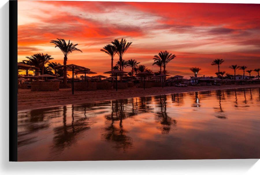 Canvas Strand Zee Zonsondergang Parasols Palmbomen 60x40 cm Foto op Canvas Schilderij (Wanddecoratie op Canvas)
