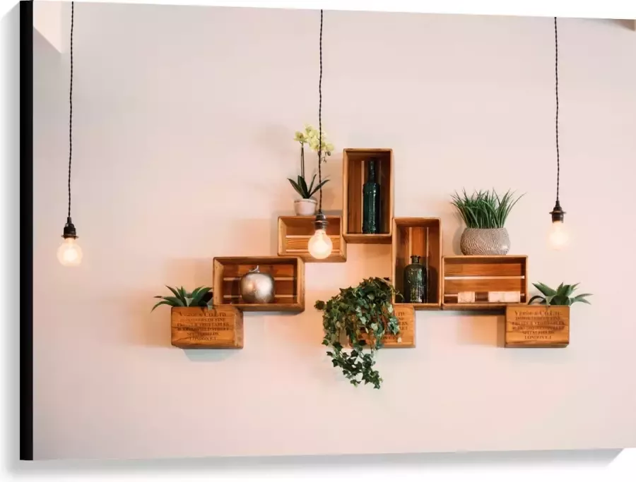 Canvas Trio Lampen voor Kistjes met Planten aan de Muur 100x75 cm Foto op Canvas Schilderij (Wanddecoratie op Canvas)