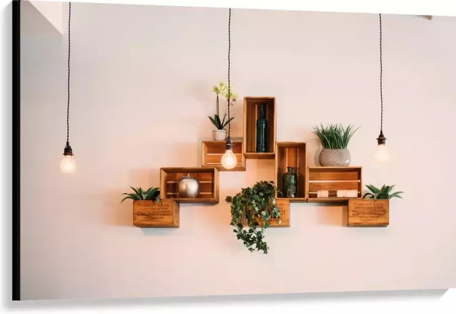 Canvas Trio Lampen voor Kistjes met Planten aan de Muur 120x80 cm Foto op Canvas Schilderij (Wanddecoratie op Canvas)