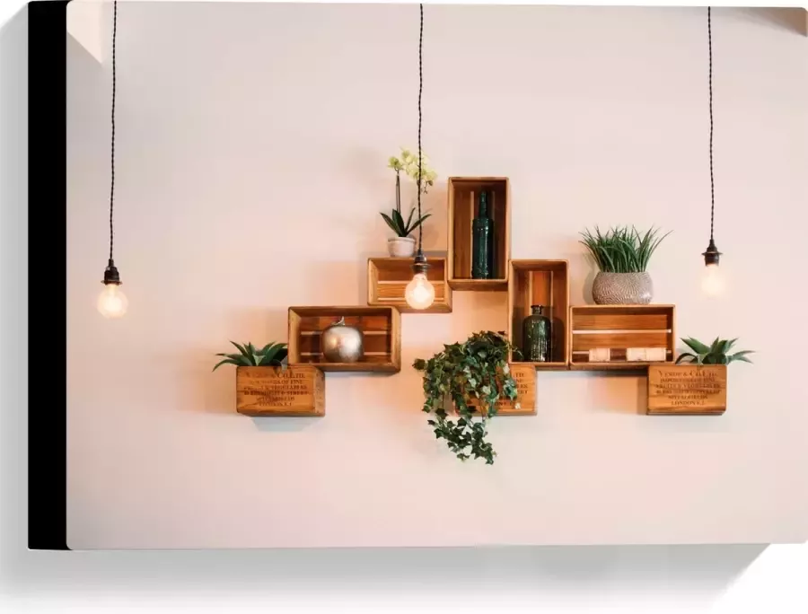 Canvas Trio Lampen voor Kistjes met Planten aan de Muur 40x30 cm Foto op Canvas Schilderij (Wanddecoratie op Canvas)