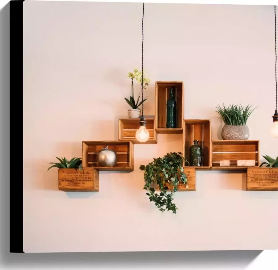 Canvas Trio Lampen voor Kistjes met Planten aan de Muur 40x40 cm Foto op Canvas Schilderij (Wanddecoratie op Canvas)