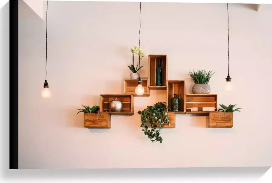 Canvas Trio Lampen voor Kistjes met Planten aan de Muur 60x40 cm Foto op Canvas Schilderij (Wanddecoratie op Canvas)