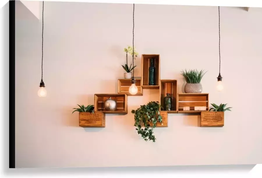 Canvas Trio Lampen voor Kistjes met Planten aan de Muur 90x60 cm Foto op Canvas Schilderij (Wanddecoratie op Canvas)