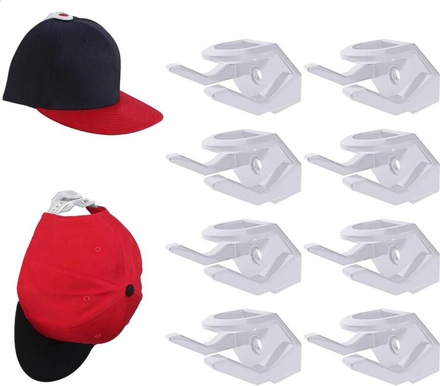 Cap Rack Set Van 8 Petten Houders Muur Petten Haakjes Met Schroeven En Tape Twee Installatiemethoden Petten Rek Kapstok Cap Rack Opbergsysteem Petten Opbergzak Hat Holder Petjes Organizer Dubbele Ophanging Wit