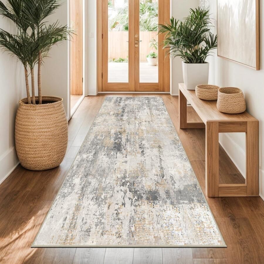 Capslpad Grijs Goud Abstract Tapijt 80x200cm Halloper Wasbare Keukenloper Antislip Korte Pool Modern Minimalistisch Kunstwollen Tapijt voor Woonkamer en Slaapkamer