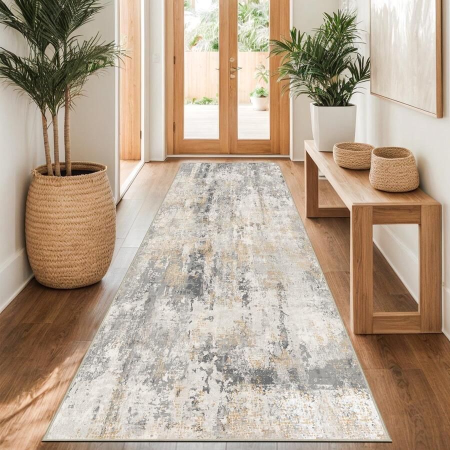 Capslpad Grijs Goud Abstract Tapijt 80x300cm Halloper Wasbare Keukenloper Antislip Korte Pool Modern Minimalistisch Kunstwollen Tapijt voor Woonkamer en Slaapkamer