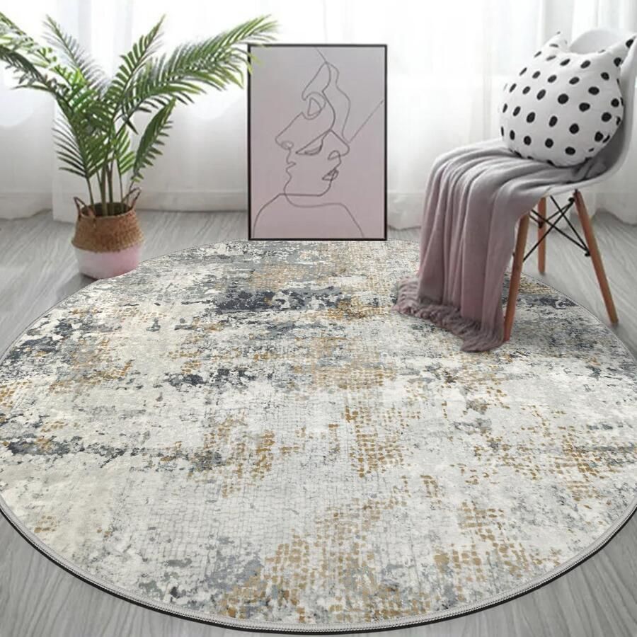 Capslpad Grijs Goud Abstract Tapijt Rond 135cm Modern Antislip Tapijt Woonkamer Rond Diepe Pool Wasbaar Rond Kort Pool Zacht Rond Beige voor Woonkamer Slaapkamer Studeerkamer