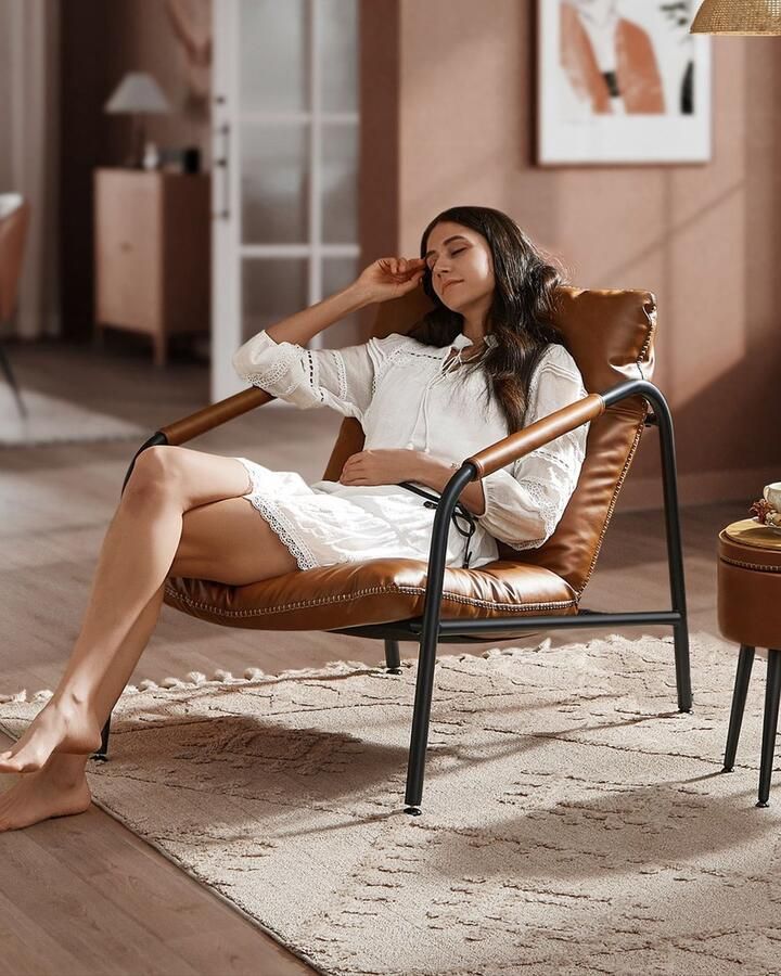 Rootz Living Rootz Caramel Brown Lounge Chair Fauteuil Relaxstoel Stalen frame Polyestervezel PU-synthetisch leer 90 cm x 74 2 cm x 90 cm Lichtgewicht Stevig Eenvoudige montage