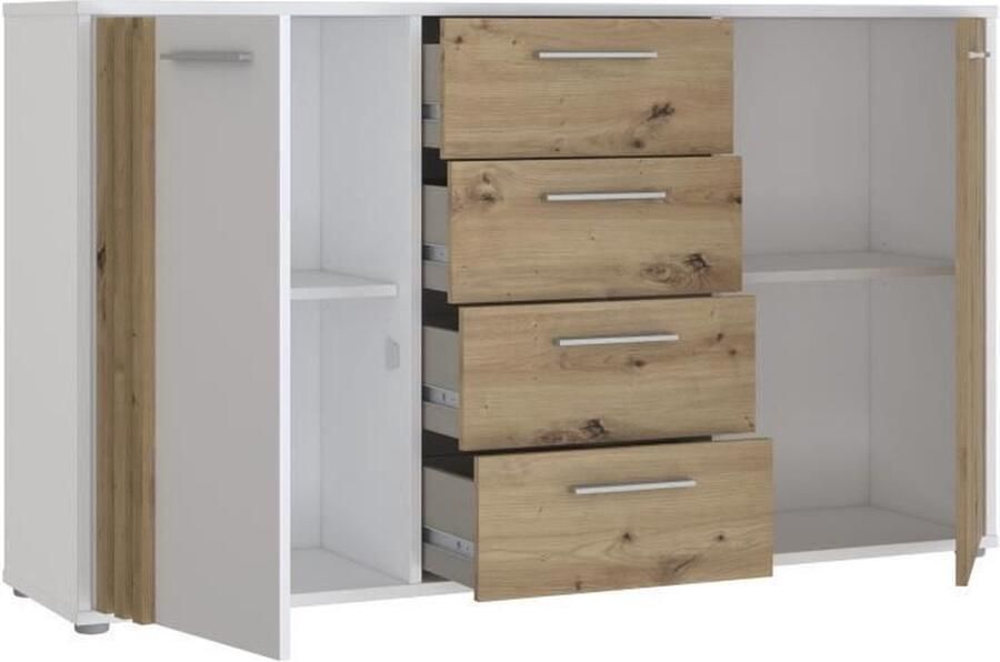 CARDIGAN dressoir 2 deuren 4 laden Artisan eiken en wit decor L142 6 x D34 2 x H82 3 cm Metalen handgrepen met aluminium effect