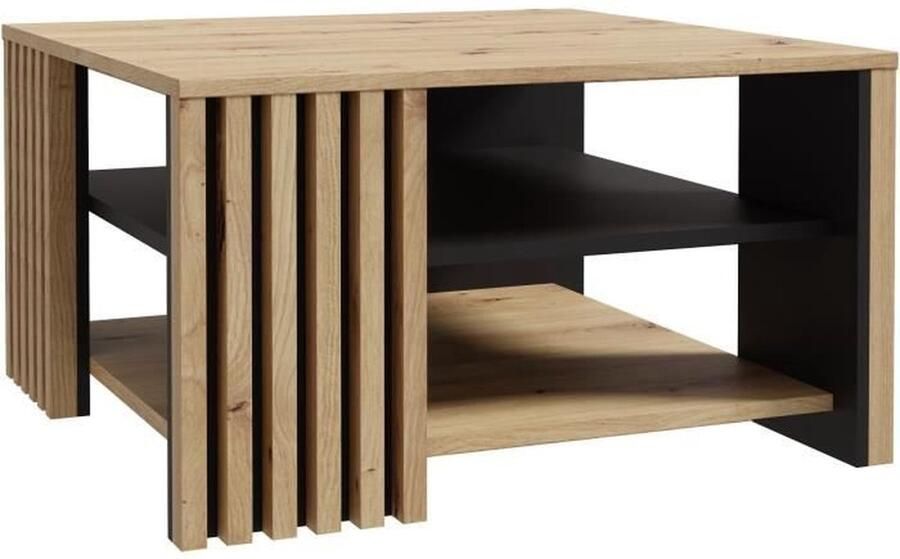 Merkloos CARDIGAN salontafel Ambachtelijk eiken en zwart decor L80 x D80 x H45 cm Zwarte metalen handgrepen