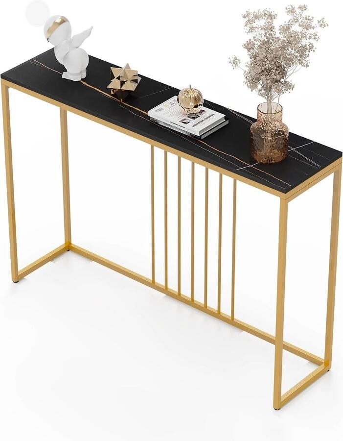 Carlovo Luxe Sidetable Bijzettafel Wandtafel Consoletafel Haltafel Muurtafel Goud Frame Zwart Marmer Blad 120x78 5x30Cm