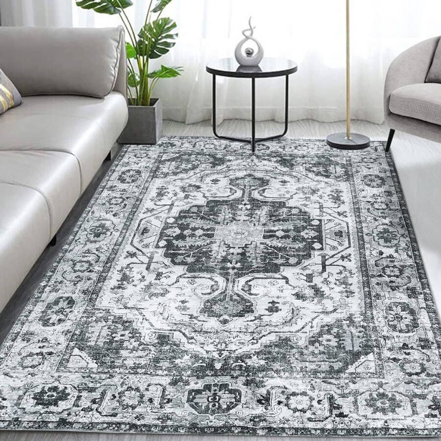 Caromio Klassiek traditioneel vintagetapijt antislip water- en vlekbestendig wasbaar voor binnen buiten laagpolig oosters design slaapkamer woonkamer eetkamer keuken 160 x 230 cm grijs
