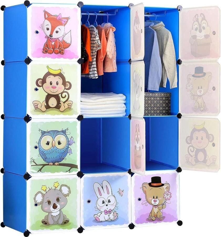 Cartoon kledingkast doe-het-zelf modulaire opbergorganizer voor kinderen stevig en veilig blauw 8 kubussen 2 hangende delen 110 x 47 x 147 cm Kledingkast