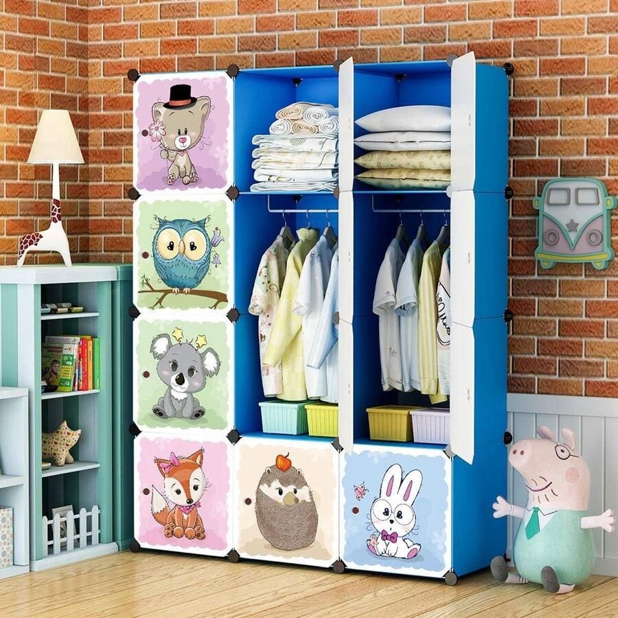 Cartoon Kledingkast Modulaire Opbergoplossing Geweldig voor Kinderen 8 Kubussen Blauw 110 x 47 x 147 cm