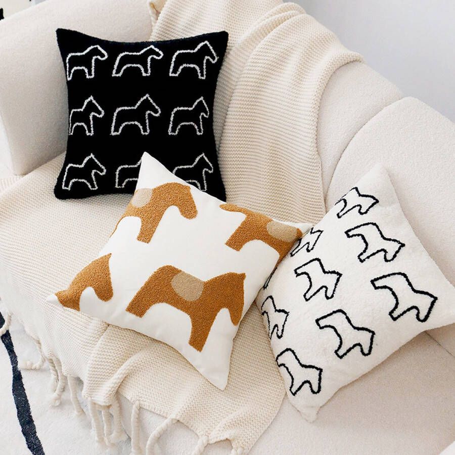 Cartoon paard patroon Kussenslopen Set 4 stuks Zwart Wit Bruin 45cm x 45cm decoratieve kussens geometrie zitkussen sofakussen sierkussen voor bank slaapkamer