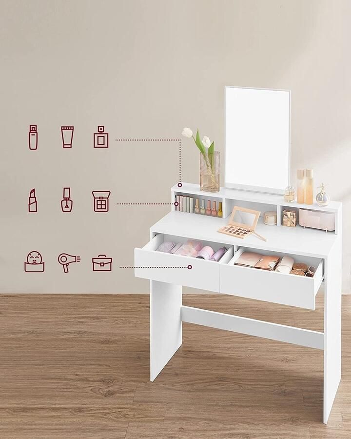 ZAZA Home Kaptafel met rechthoekige spiegel en 2 lades make up tafel met 3 open vakken kaptafel WIT - Foto 2