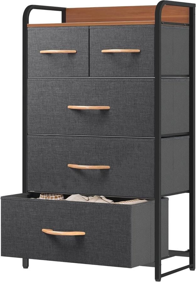 Cationic Fabric 5 Drawer Storage Organizer for Bedroom Living Room Closet Sturdy Steel Frame Easy Pull Fabric Bins and Wooden Top Fabric Dresser Dark Grey