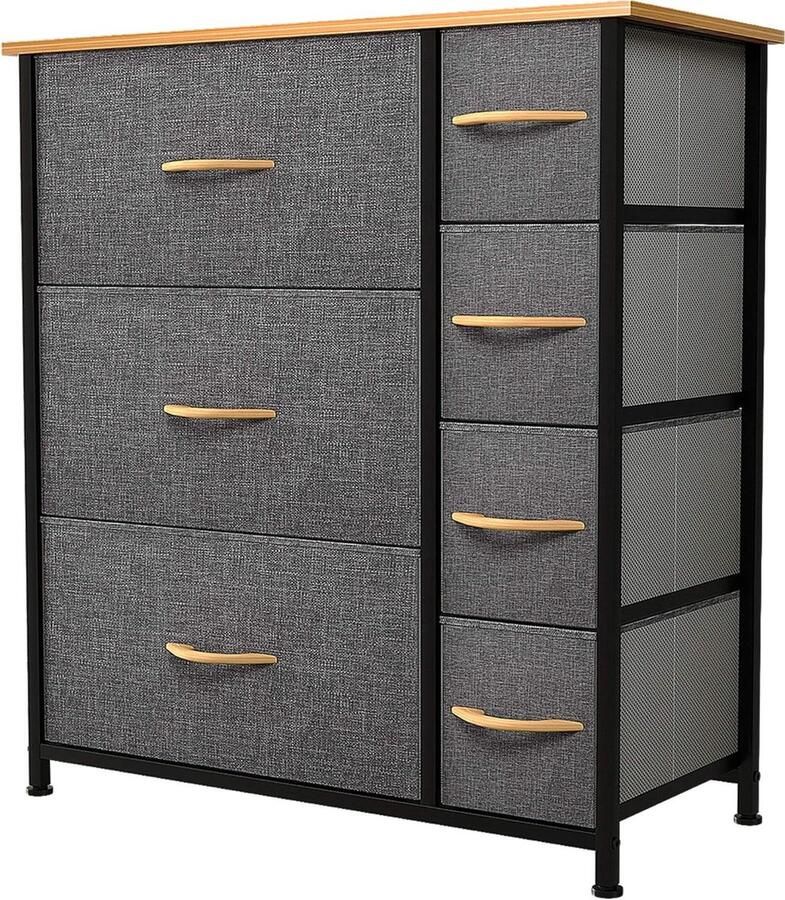 Cationic Fabric 7 Drawers Storage Unit for Bedroom Living Room Closet Sturdy Steel Frame Easy Pull Fabric Bins and Wooden Top Fabric Dresser