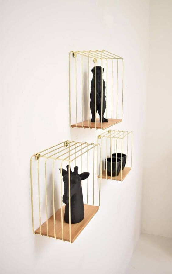 Cavo Wandrek metaal zwart of wit met bamboehout 3 stuks set gemakkelijk op te hangen decoratief wandrek zwart klein wandrek (goud)