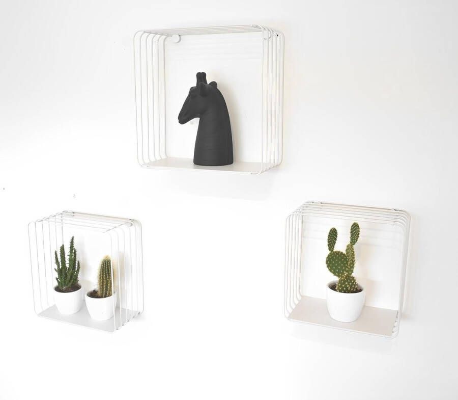 Cavo Wandrek metaal zwart of wit met bamboehout set van 3 stuks gemakkelijk op te hangen decoratief wandrek zwart klein wandrek (wit metaal)