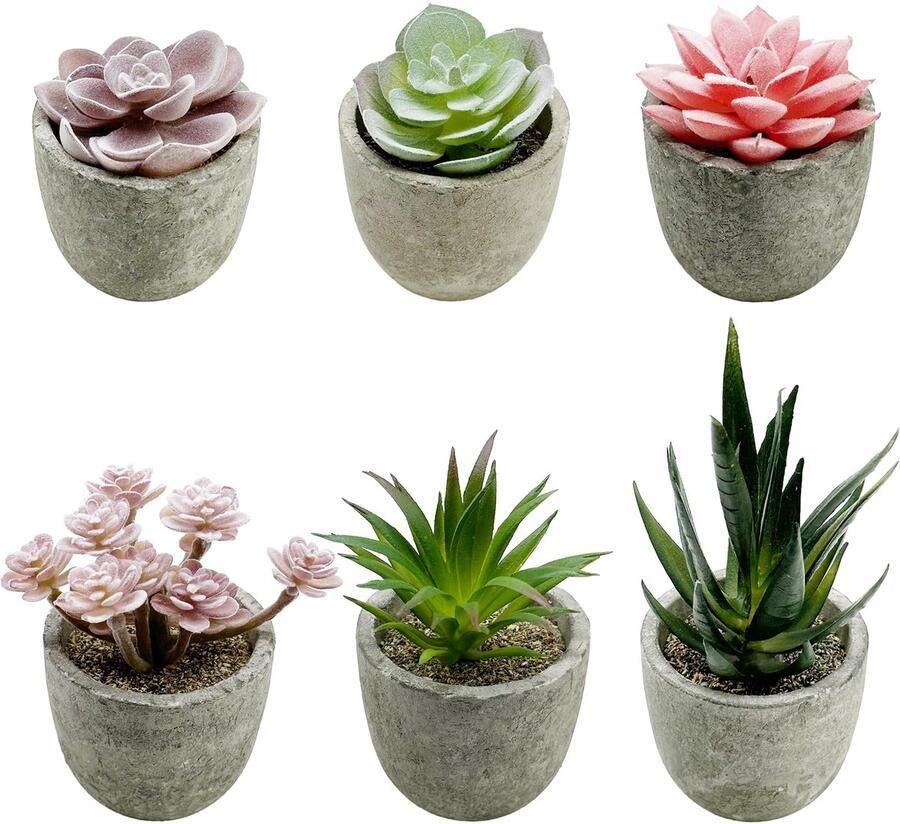 Cayway 6-delige kunstvetplantenpotset kunstvetplanten bloemen en planten voor op kantoor bureau woonkamer tafeldecoratie binnen