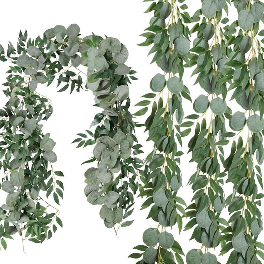 Cekene Kunstmatige Eucalyptus Guirlande met Wilgenbladeren Hangende Groene Eucalyptus Plant Kunstmatige Groene Guirlande voor Tafel Bruiloft Boog Muur Tuin Feest Decoratie 4-Pack