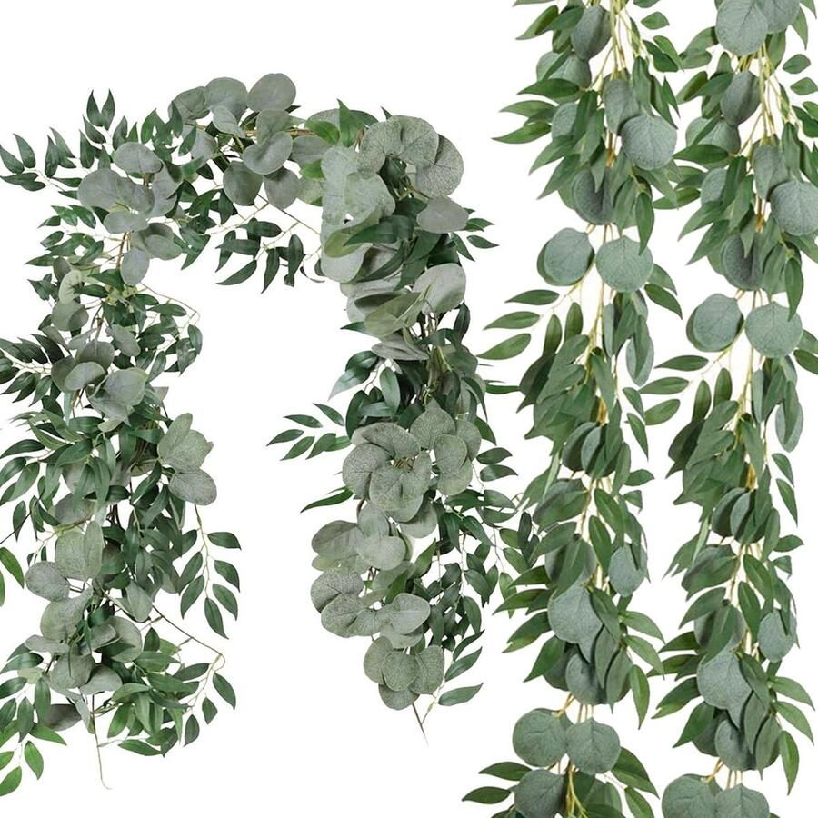 Cekene Kunstmatige Eucalyptus Guirlande met Wilgenbladeren Kunstmatige Groene Wijnranken Decoratieve Kunstmatige Groene Planten voor Tafel Bruiloft Boog Muur Tuin Feest Decoratie 3-Pack