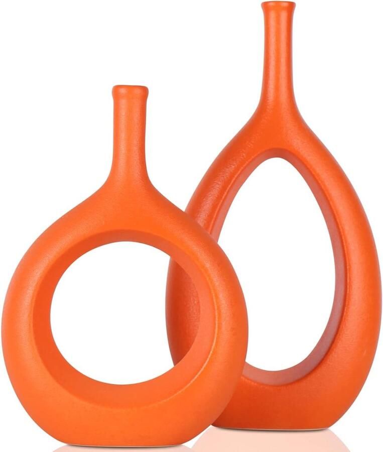 Ceramic Flower Vase Set of 2 Modern Decorative Hollow Vase for Flowers Decor Orange Vase for Centerpieces Farmhouse Decor for Living Room Bedroom Office Dining Table