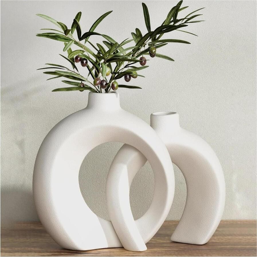 Ceramic Vaas Set Van 2 Moderne Boheemse Aesthetic Design Vase Wit Droogbloemen Pampas Voor Vazen Donut Home Room Vensterbank Salontafel Plank Decor Accessories