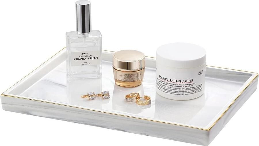 Ceramic Vanity Tray Bathroom Counter Tray Rectangle Decorative Tray for Vanity Dresser Bathroom Countertop Living Room Kitchen Large Size Marble White Coffee Table Tray