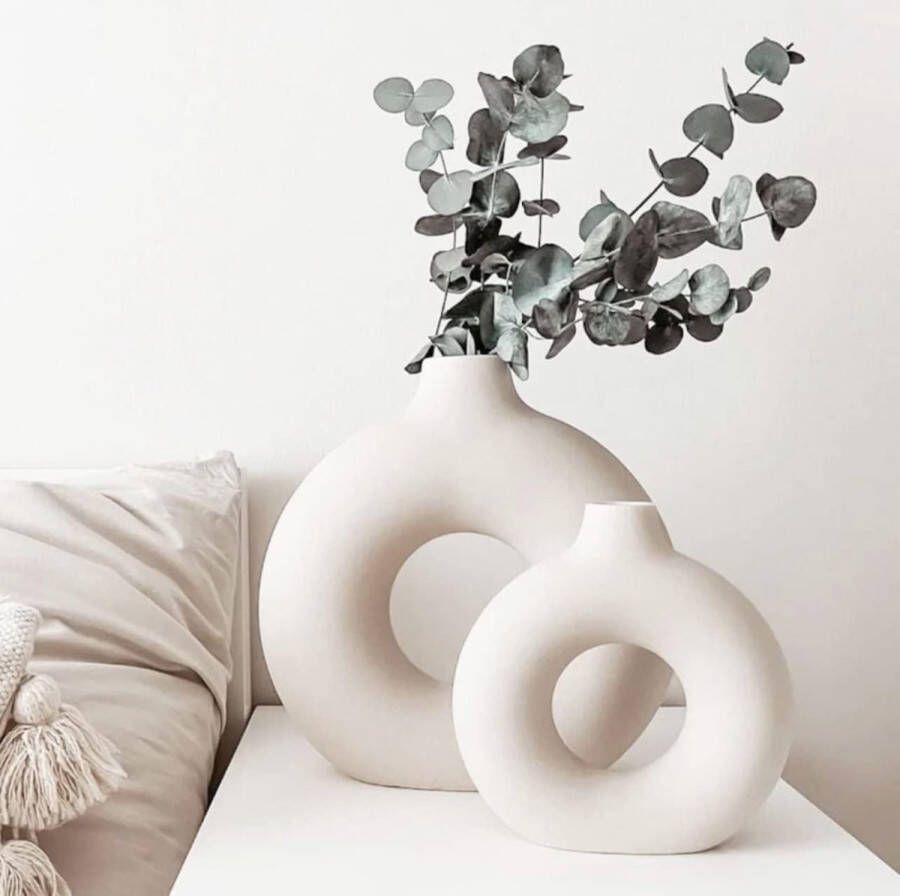 Ceramic Vase for Pampas Grass 2PCS White Large+Medium Modern Room Deco Donut Vases Mat for Table Bookshelf Fireplace Living Room Bedroom Office Party Gift