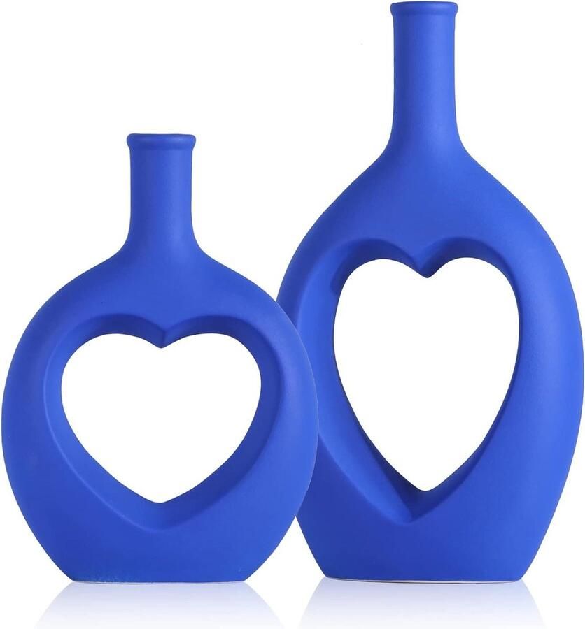 Set of 2 Blue Hollow Heart Shaped Ceramic Vases for Home Decor Living Room Decor Bookshelf Decor Mantle Centerpieces