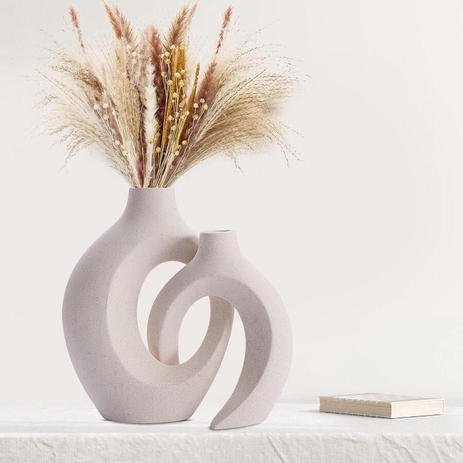 Ceramic Vase Set of 2 Hollow Beige Modern Vases for Scandinavian Decoration Aesthetic Boho Flower Vases for Home and Office Ideal for Living Room Farm Coffee Table