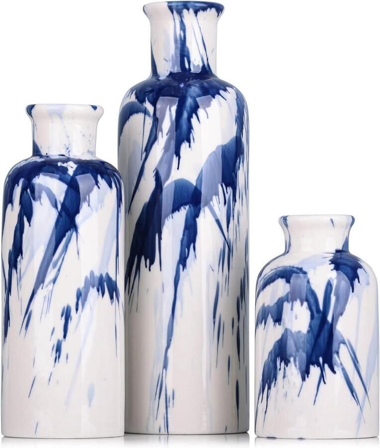 Ceramic Vase Set of 3 Blue and White Decorative Vase for Centerpieces Farmhouse Home Decoration Living Room Kitchen Bedroom Dining Table Office