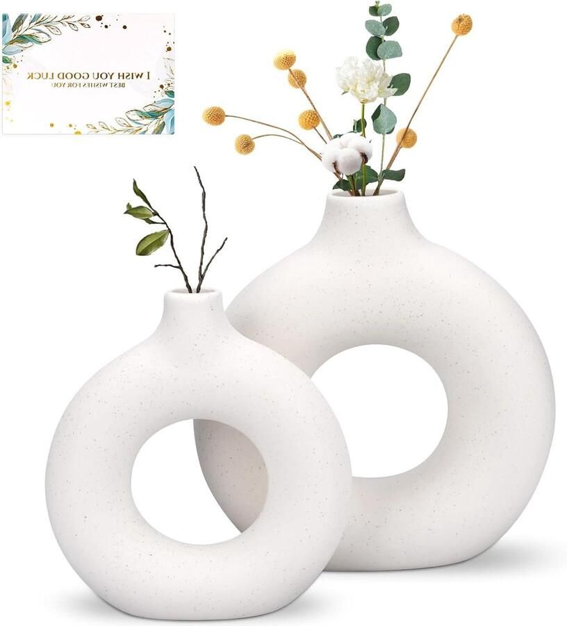 Ceramic White Donut Vase Set of 2 Handmade for Pampas Grass Modern Decoration Table Bookshelf Fireplace Living Room Bedroom Office Party Gift