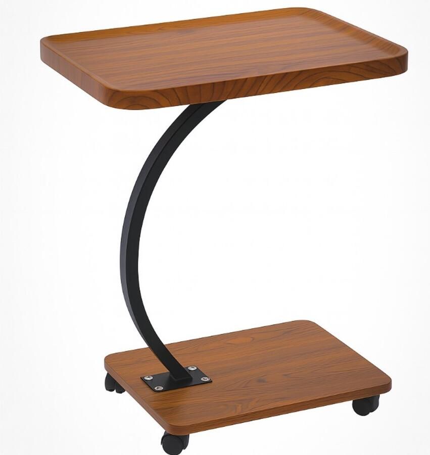 Ceruzo Bijzettafel met Wieltjes – C-Shape – Industrieel Zwart Frame – Vintage Bruin MDF –40x30x60 cm