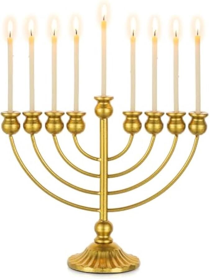 Chanoeka Menora 9 Arm: Chanoekia 26 cm Hoog voor Chanoeka Kaarsen Gouden Menora als Tafeldecoratie Schoorsteenmantel of Plank