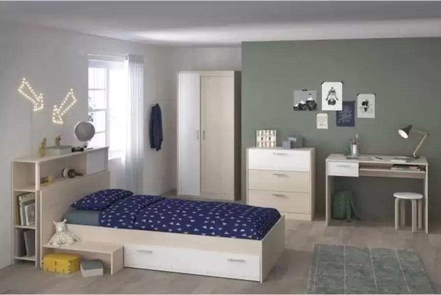 CHARLEMAGNE Complete kinderkamer Hoofdbord + bed + ladenkast + garderobe + bureau hedendaags Licht en wit acaciabestekleding