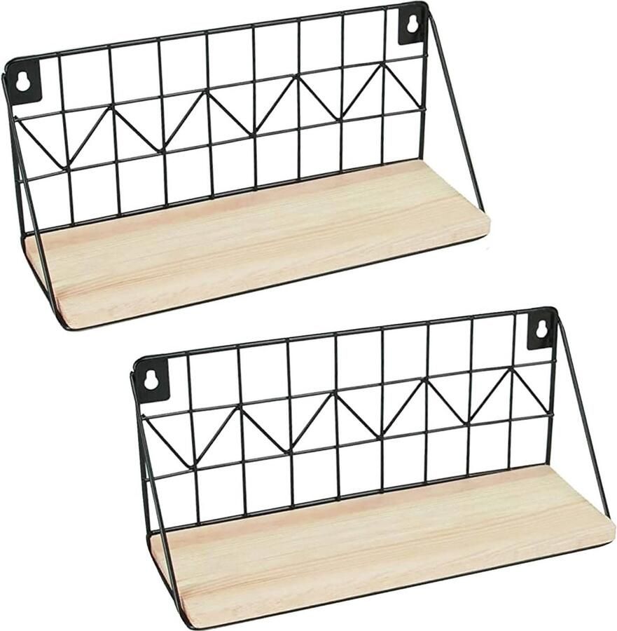 Charmante Vintage Houten en Metalen Zwevende Wandplanken Set van 2 Voor Kamers