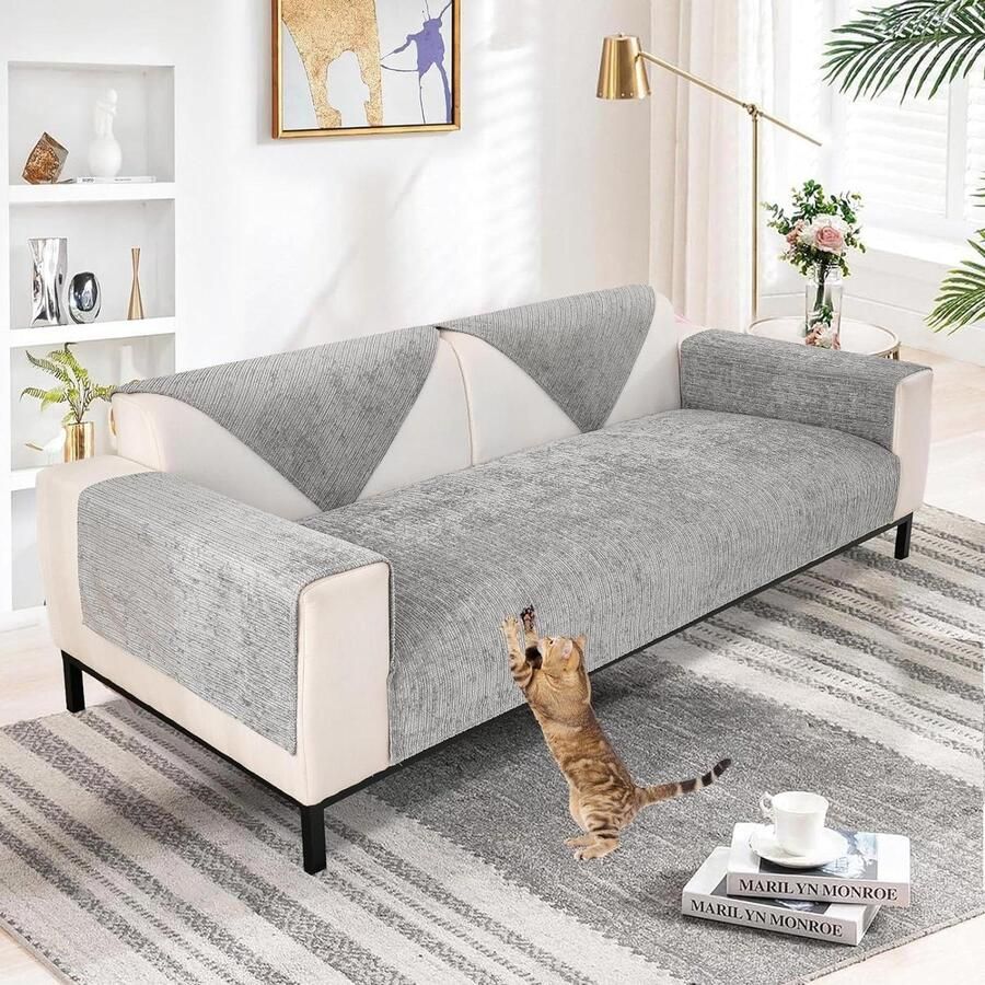 Chenille bankhoes voor 1 2 3 4-zits banken grijs slipvast voor honden en katten woonkamer alle seizoenen