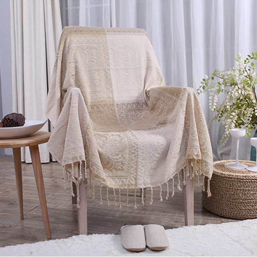 Chenille deken jacquard kwastjes deken bankhoes decoratieve hoes voor bed bank fauteuil folk tribal patroon (melkwit 150 x 190 cm)