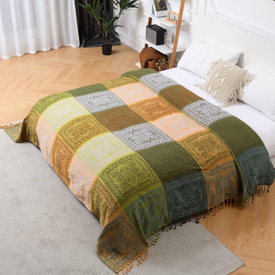 Chenille Geweven sprei dubbelzijdig boho-deken met franjes tweepersoonsbed elegante en knuffelzachte tv-deken bankdeken fauteuildeken omkeerbare deken bedsprei 220 x 260 cm groen geel