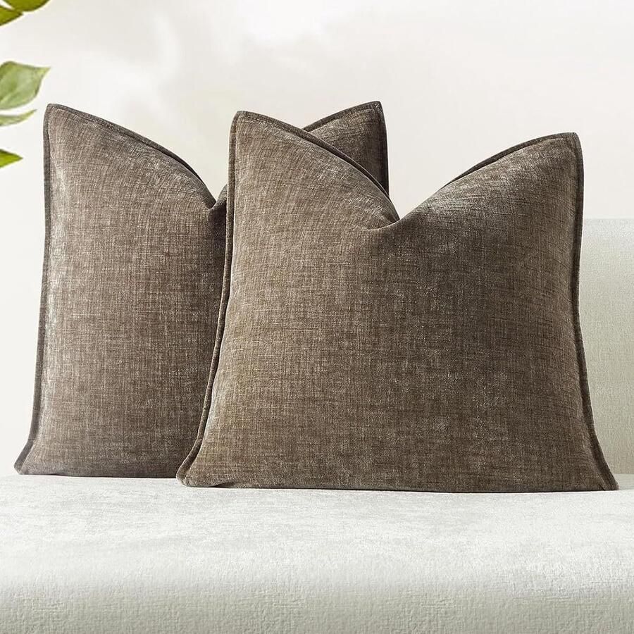 Furnibella -Chenille Kussenhoezen Set van 2 – 50x70 cm – Zachte & Luxe Sierkussenhoezen – Bank- & Slaapkamerdecoratie -Koffie